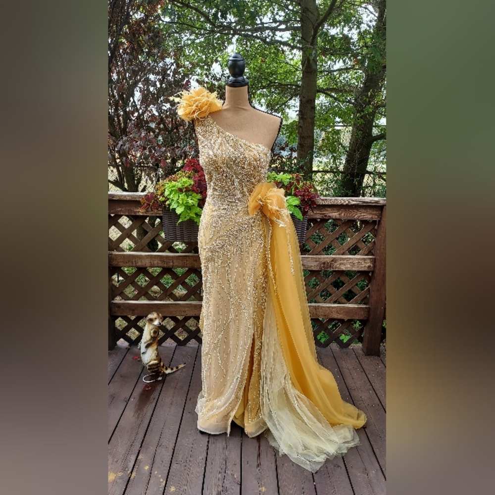 Catwalk Couture Yellow Beaded Feathered One-Shoulder Evening Dress